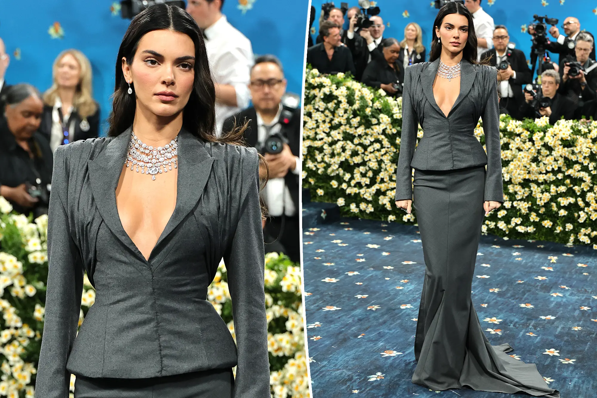 Kendall Jenner Stuns in Plunging Skirt Suit and Diamonds at Met Gala 2025